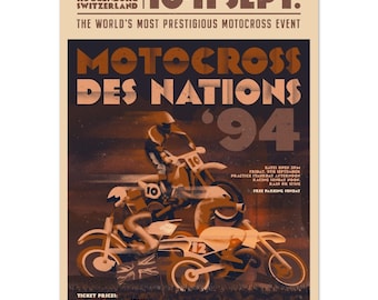 May include: A vintage-style poster for the 1994 Motocross des Nations event in Roggenburg, Switzerland. The poster features two motocross riders in action, with the text "Motocross des Nations '94" in large, bold letters. The poster is in shades of brown and orange.