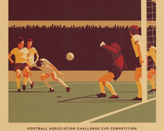 May include: A vintage poster advertising a football match between Arsenal and West Ham United. The poster features a stylized illustration of the game in progress, with players in white and red jerseys. The text reads "Football Association Challenge Cup Competition Final Tie" and "Saturday 10th May 1980 Kick Off 3pm Wembley Stadium Arsenal v West Ham United".