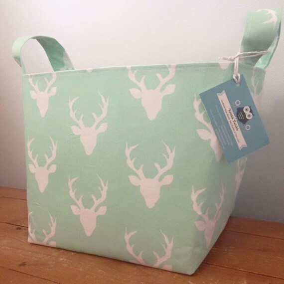 Items similar to Mint Stag Fabric Baskets Green Ivory Toy Storage