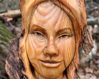 Wood Carving Female Face Perfect Wood Gift Wall Art Decor by Josh Carte Handmade Woodwork Made in Ohio Lady Pixie Nymph Beauty Unique Art