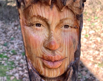 Female face wood carving wood wall art hand carved wood face by Josh Carte wood spirit carving fairy pixie nymph made in Ohio unique Art