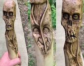 Walking Stick, Macabre Art, Wood Carving, Skull Carving, Dark Art, by Josh Carte, Handmade Woodworking, Hand Carved Wood Art