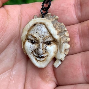 Female face antler carving hand carved deer antler lady pendant necklace girl by Josh Carte made in Ohio unique artist sculpture