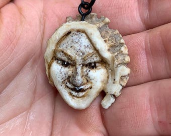 Female face antler carving hand carved deer antler lady pendant necklace girl by Josh Carte made in Ohio unique artist sculpture