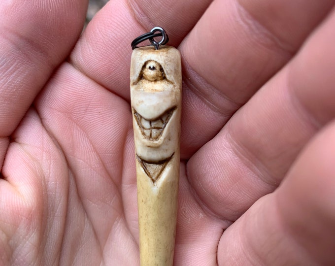 Cyclops carving deer antler Jewelry antler Art by Josh Carte hand carved bone necklace made in Ohio antler pendant charm carving original