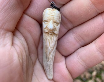 Deer antler carving Whitetail shed pendant charm carving scrimshaw bone Art by Josh Carte hand carved antler Art made in Ohio carving face