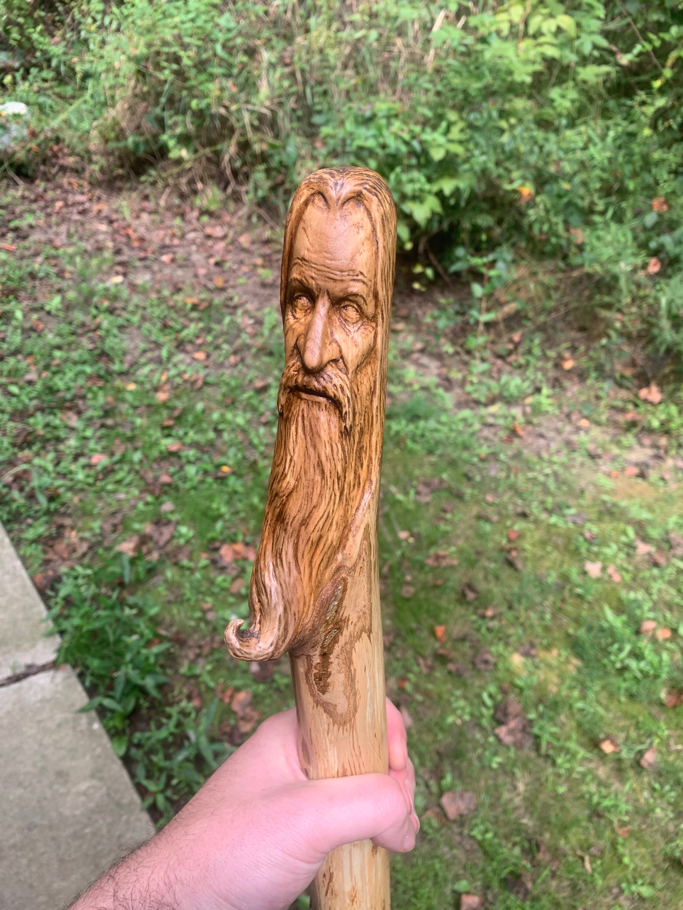 Walking Stick, Wood Carving, Wizard Carving, Carved Hiking Stick, by