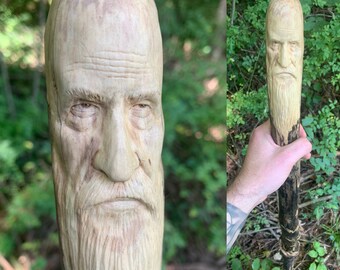 Walking Stick, Wood Carving, Hand Carved Wood Art, by Josh Carte, Hiking Stick, Carved Stick, Made in Ohio, Wood Spirit Carving, Face   Art