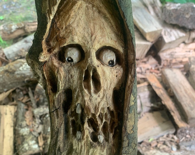 Skull Driftwood Carving, Wood Carving, Macabre Art, Hand Carved Wood Art, Wood Wall Art, by Josh Carte, Creepy Art, Skull Art, Made in Ohio
