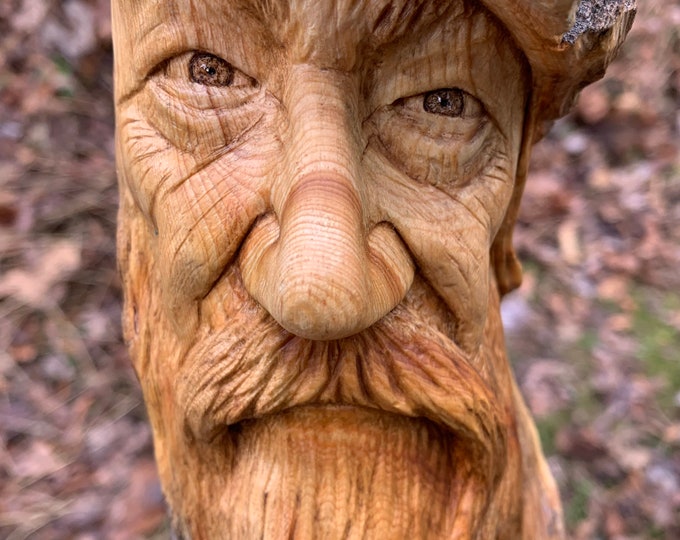 Wood Carving, Wood Spirit Carving, Hand Carved Wood Art, Wood Wall Art, by Josh Carte, Carving of a Face, Old Man with Beard, Natural Art