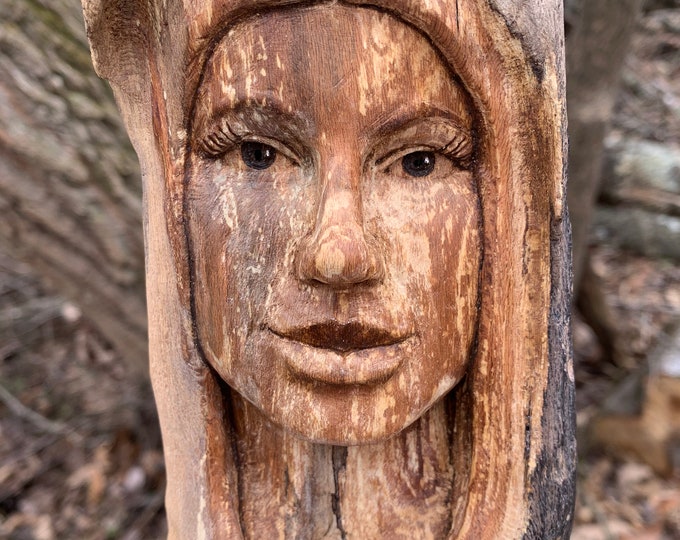 Female face wood carving girl pixie lady nymph hand carved wood Art driftwood carving by Josh Carte made in Ohio carving of a face beauty