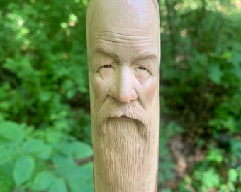 Walking Stick Carving, Wood Carving, Wizard, Mountain Man, Hiking Stick, Hand Carved Wood Art, Wooden Cane, by Josh Carte, Made in Ohio