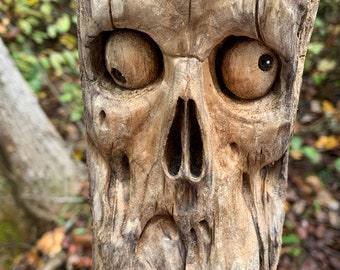 Driftwood Carving Skull Carving Halloween Sculpture Hand Carved Wood Art Wall Decor by Josh Carte Driftwood Art Made in Ohio Spooky