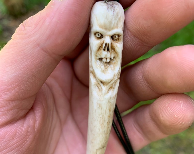 Deer Antler Carving, Skull Pendant, Zombie Necklace, Hand Carved Art, Scrimshaw, Bone Carving, by Josh Carte, Antler Art, Creepy Art, Unique