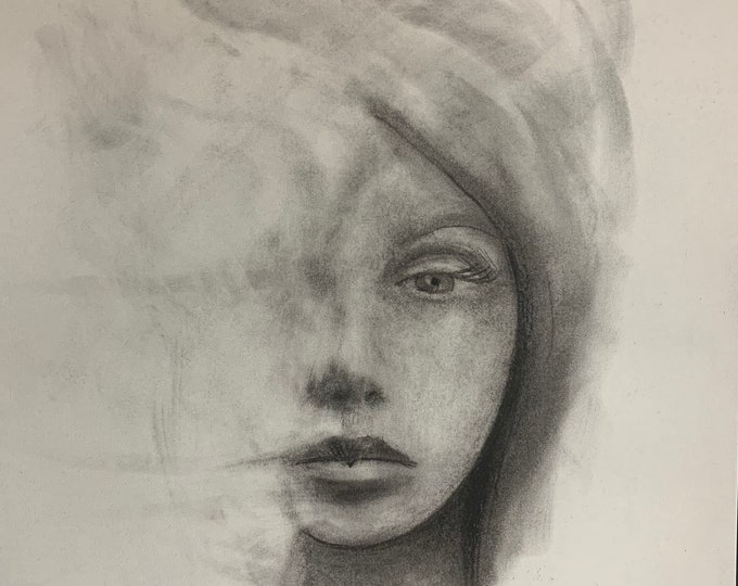 Charcoal Drawing, Charcoal Print, Pencil Drawing, Drawing of a Girl, Face Drawing, by Josh Carte, 8.5x11, Hand Drawn Art, Wall Art Drawing