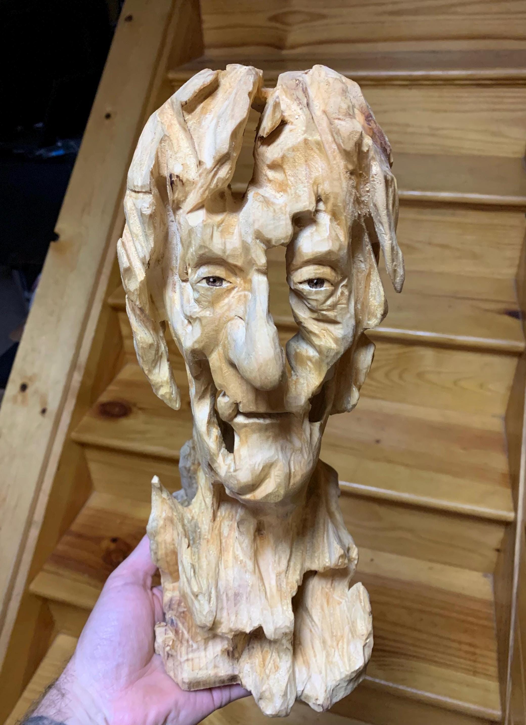 wood carving of a face me without you bust wood sculpture chainsaw Art hand carver wood by Josh Carte original Art made in Ohio wood gift