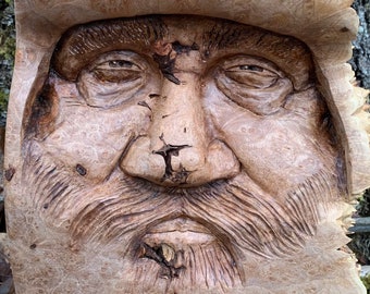 Wood Carving, Maple Burl, Hand Carved Wood Art, by Josh Carte, Wood Wall Art, Carving of a Face, Handmade Woodworking, Made in Ohio, Unique