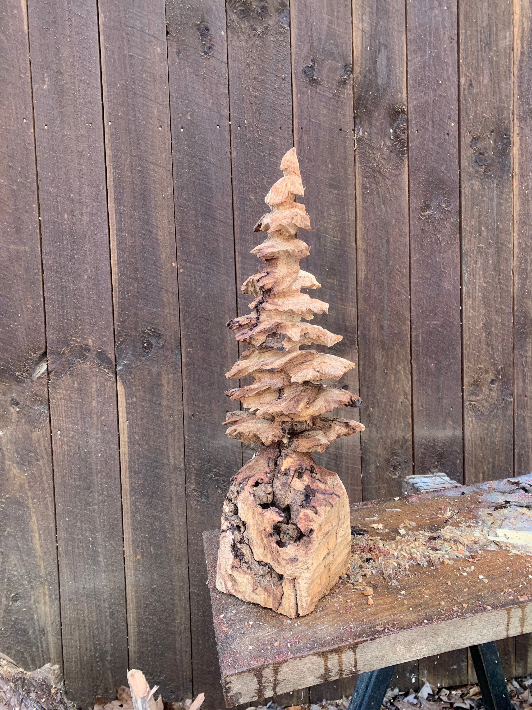 Chainsaw Carving Tree Carving Wood Carving Evergreen Tree by Josh Carte Hand Carved Wood Art Log Home Decor Unique Wood Art