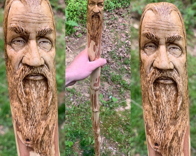 Wizard Walking Stick, Wood Carving, Hand Carved Wood Art, by Josh Carte, Carved Stick, Hiking Stick, Handmade Woodworking, Carving of a Face