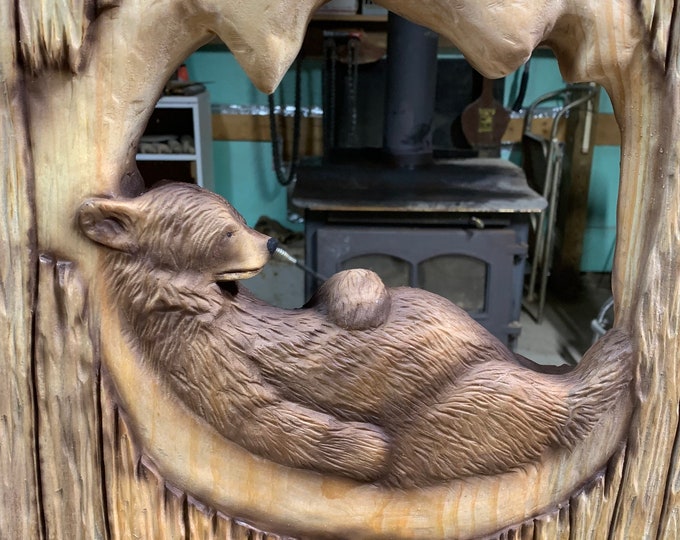Bear Chainsaw Carving, Wood Wall Art, Hand Carved Wood Art, Woodland Nursery, Bear Wood Carving, Wildlife Carving, by Josh Carte, Unique Art