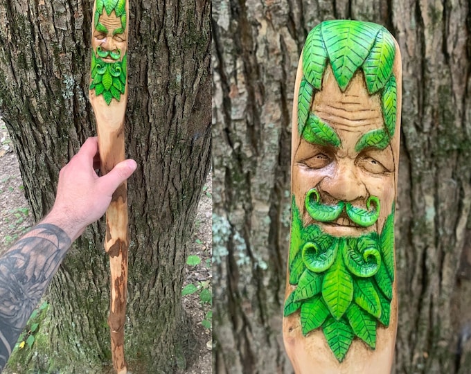 Green Man Walking Stick, Green Man Wood Carving, by Josh Carte, Wood