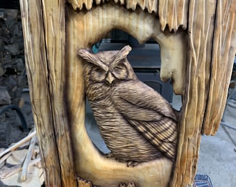 Owl Wood Carving Chainsaw Carving  Personalized Wood Wall Art Owl Gift for Him 5th Anniversary Wood Gift for Her Hand Carved Sculpture Art