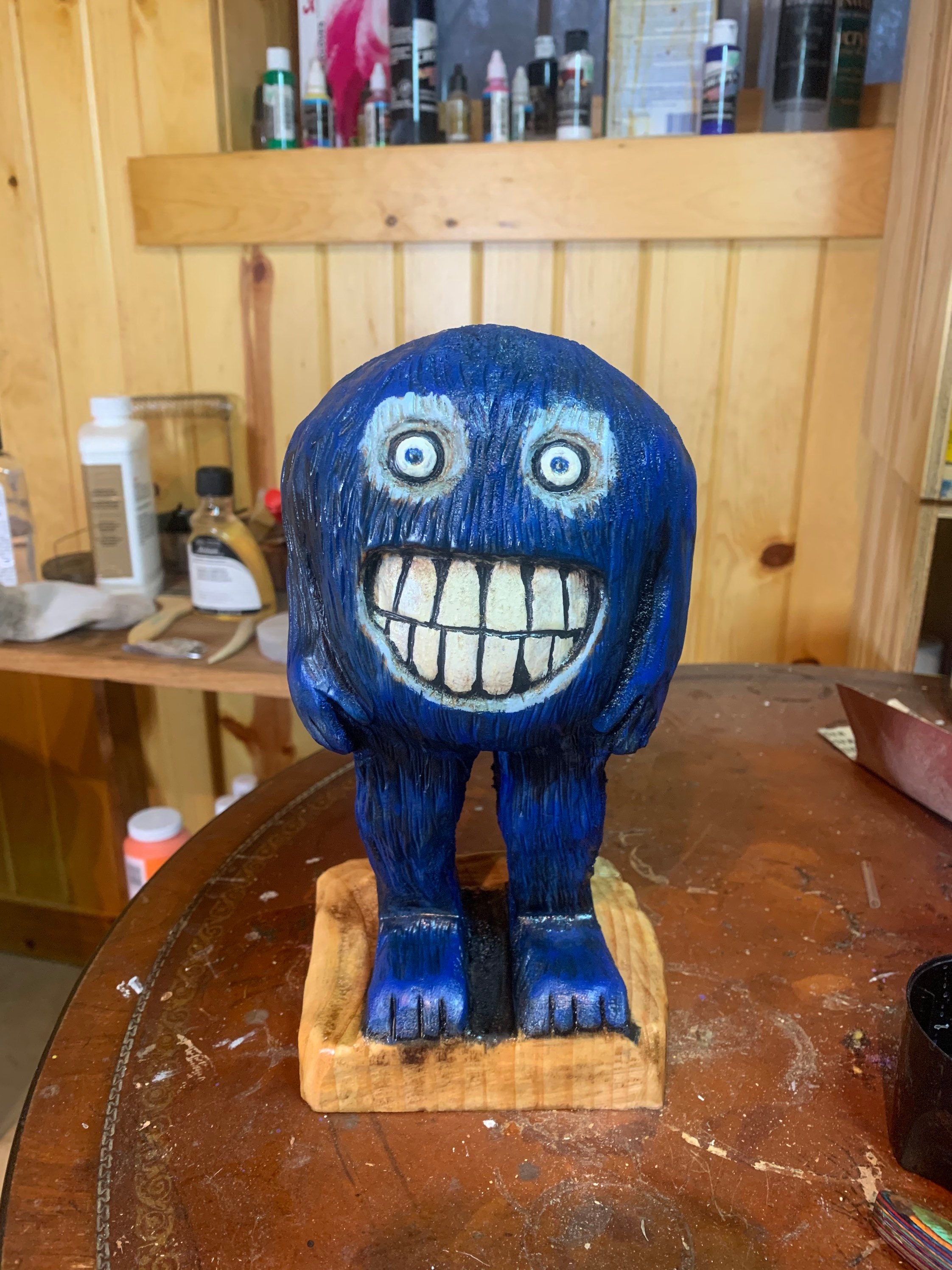 Monster Carving, Blue Monster Chainsaw Carving, Hand Carved Wood Art