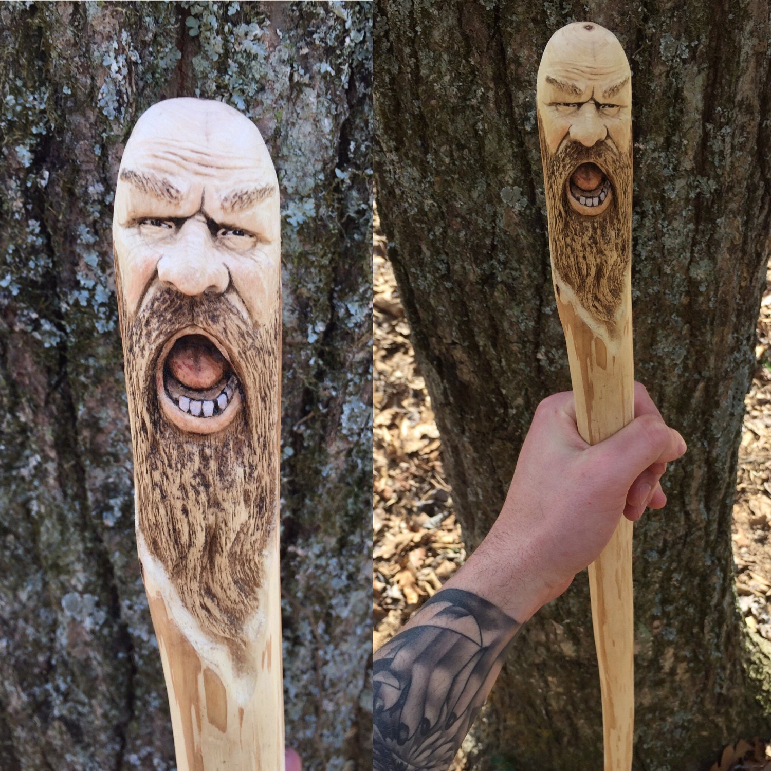 Walking stick, Wood Carving, Handmade Sculpture, Hiking Stick, Wood