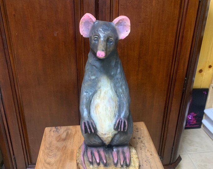 Rat Carving, Chainsaw Carving, Rat Wood Carving, Hand Carved Wood Art, by Josh Carte, Rodent, Mouse, Handmade Woodworking