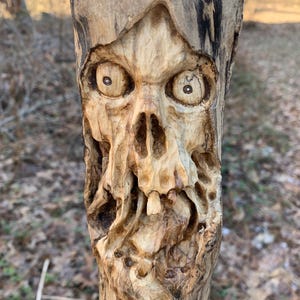 driftwood carving skull wood carving hand carved wood art by Josh Carte driftwood Art made in Ohio dark Art macabre unique wood sculpture