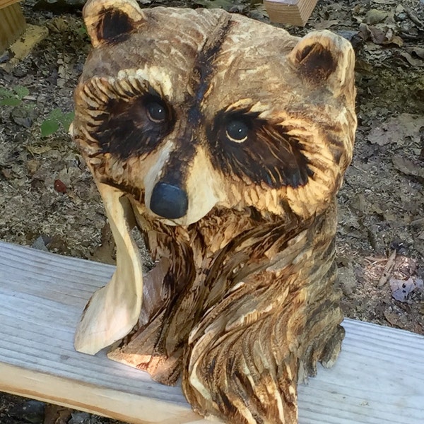 Raccoon Chainsaw Carving, Wood Carving, Carved Wood Sculpture, A Unique Wood Gift, Handmade Woodworking, Made in Ohio by Josh Carte