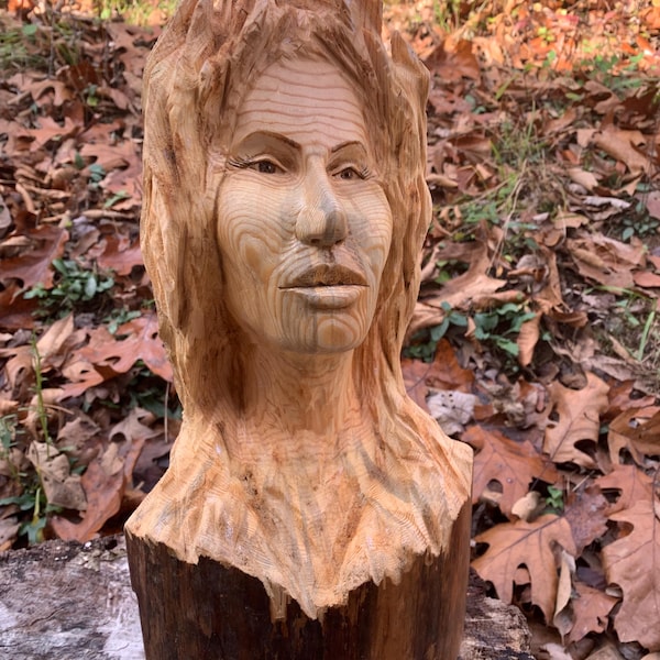 Hand Carved Pine Wood Woman Bust Sculpture - "Slay, Queen" chainsaw carving