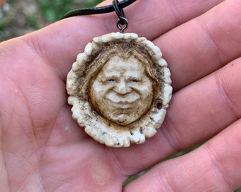 Antler pendant carving necklace charm carving of a face hand carved art made in Ohio by Josh Carte scrimshaw original Art deer antler shed