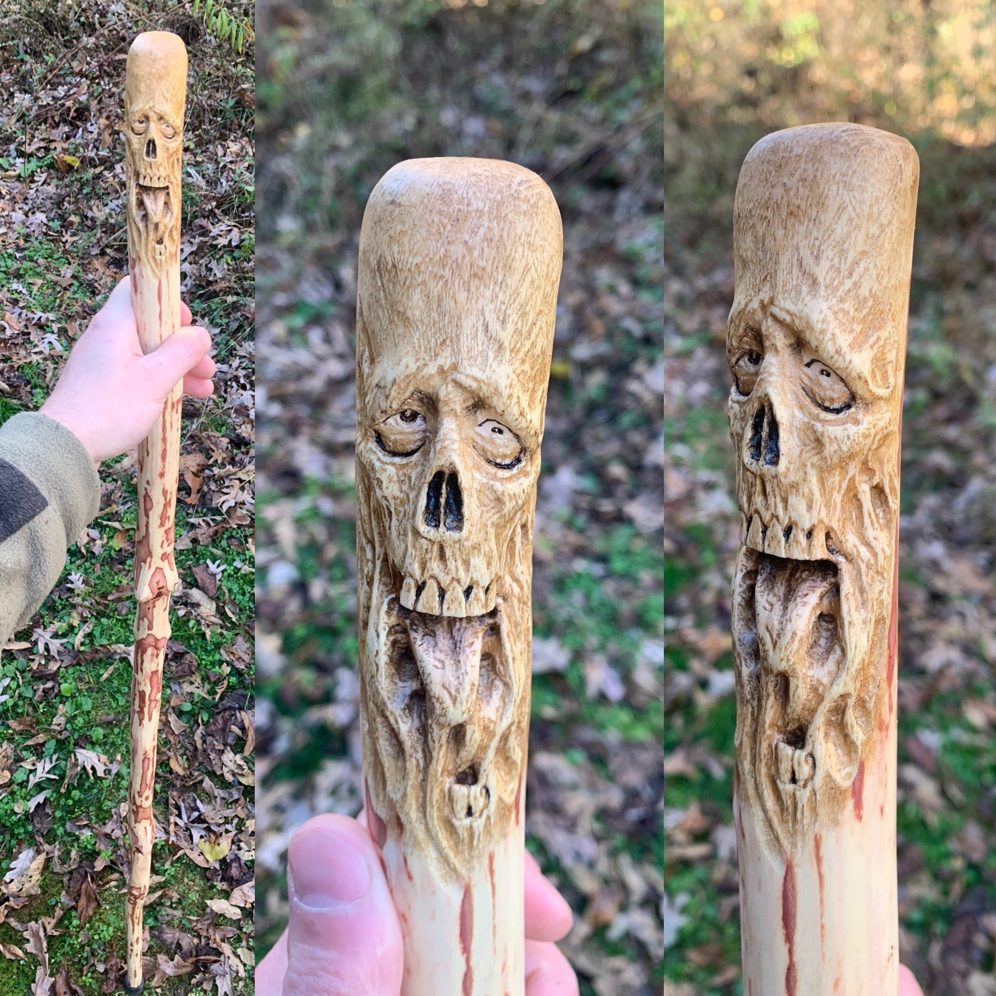 Skull Walking Stick, Hand Carved Hiking Stick, Wood Carving, by