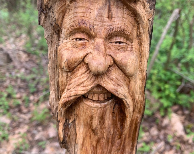 Driftwood carving of a face wood wall art hand carved wood Art wood spirit carving by Josh Carte made in Ohio perfect wood gift original art