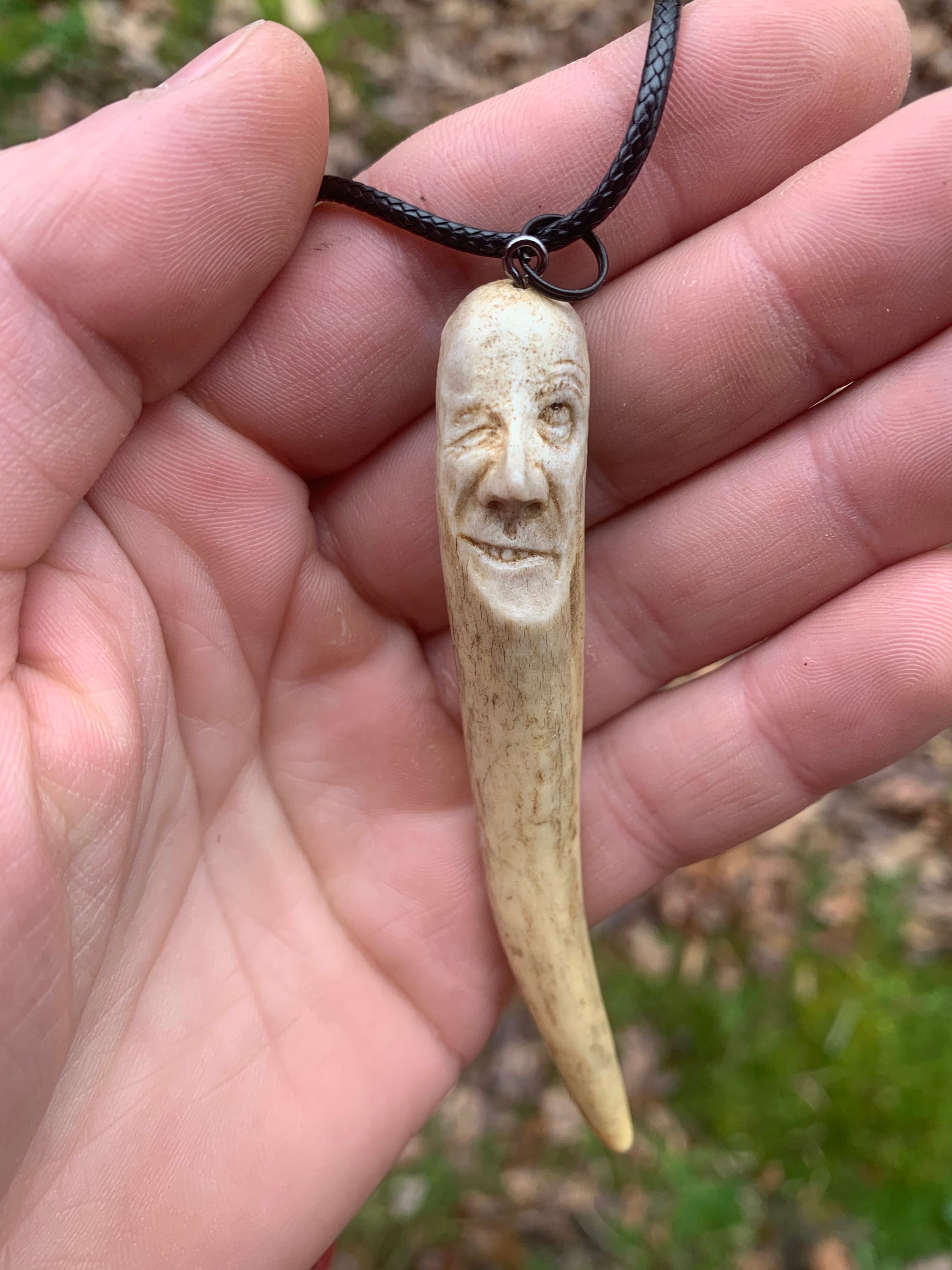 Antler Jewelry pendant necklace hand carved by Josh Carte carving of a face made in Ohio scrimshaw bone Art carving original Art Whitetail