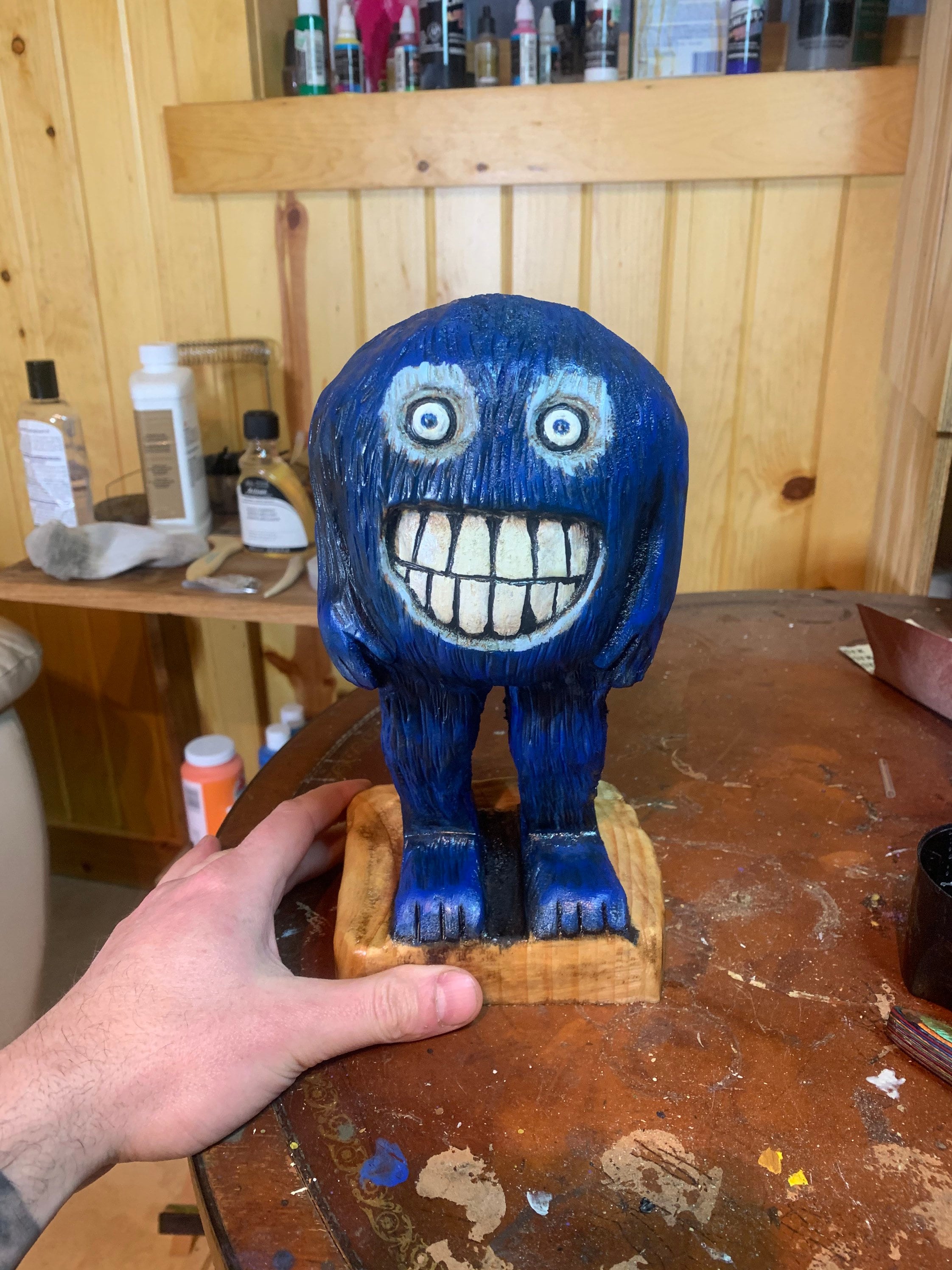 Monster Carving, Blue Monster Chainsaw Carving, Hand Carved Wood Art