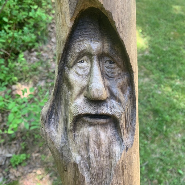 Driftwood Carving, Wood Spirit Carving, Carving of a Face, Handmade Woodworking, Hans Carved Wood Art, by Josh Carte, Wood Wall Art