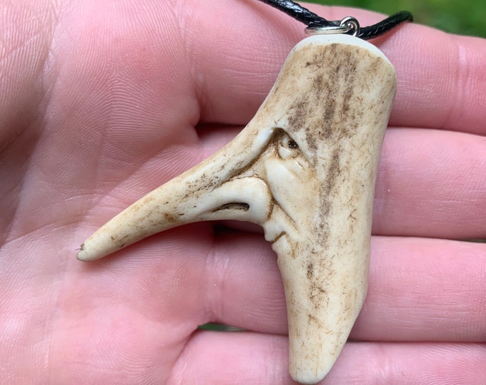Antler Art, Antler Jewelry, Bone Carving, Bone Necklace, by Josh Carte, Hand Carved Art, Antler Pendant Carving, Carving of a Face