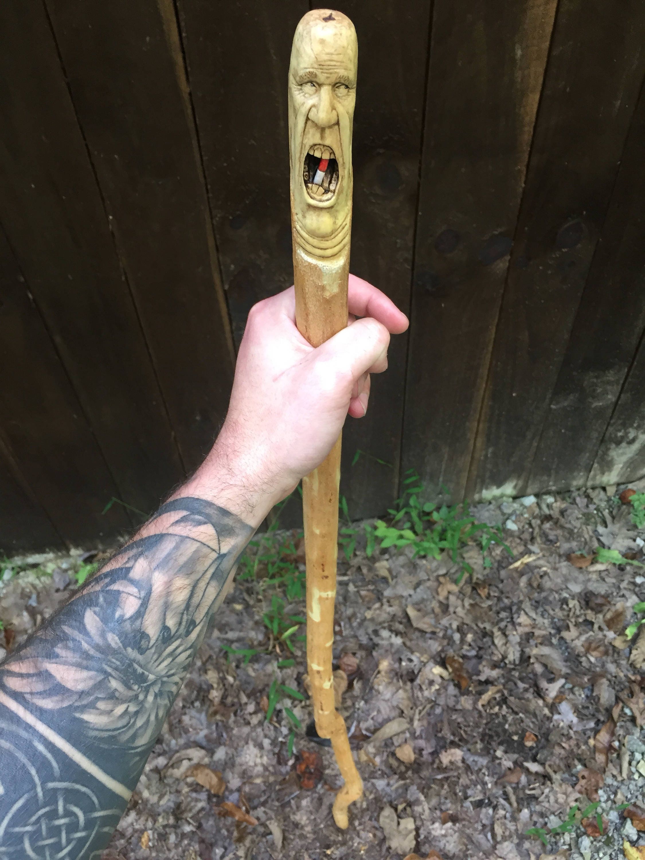 Carved Walking Stick, Wood Carving Cane, Wood Spirit, Hand Carved Wood