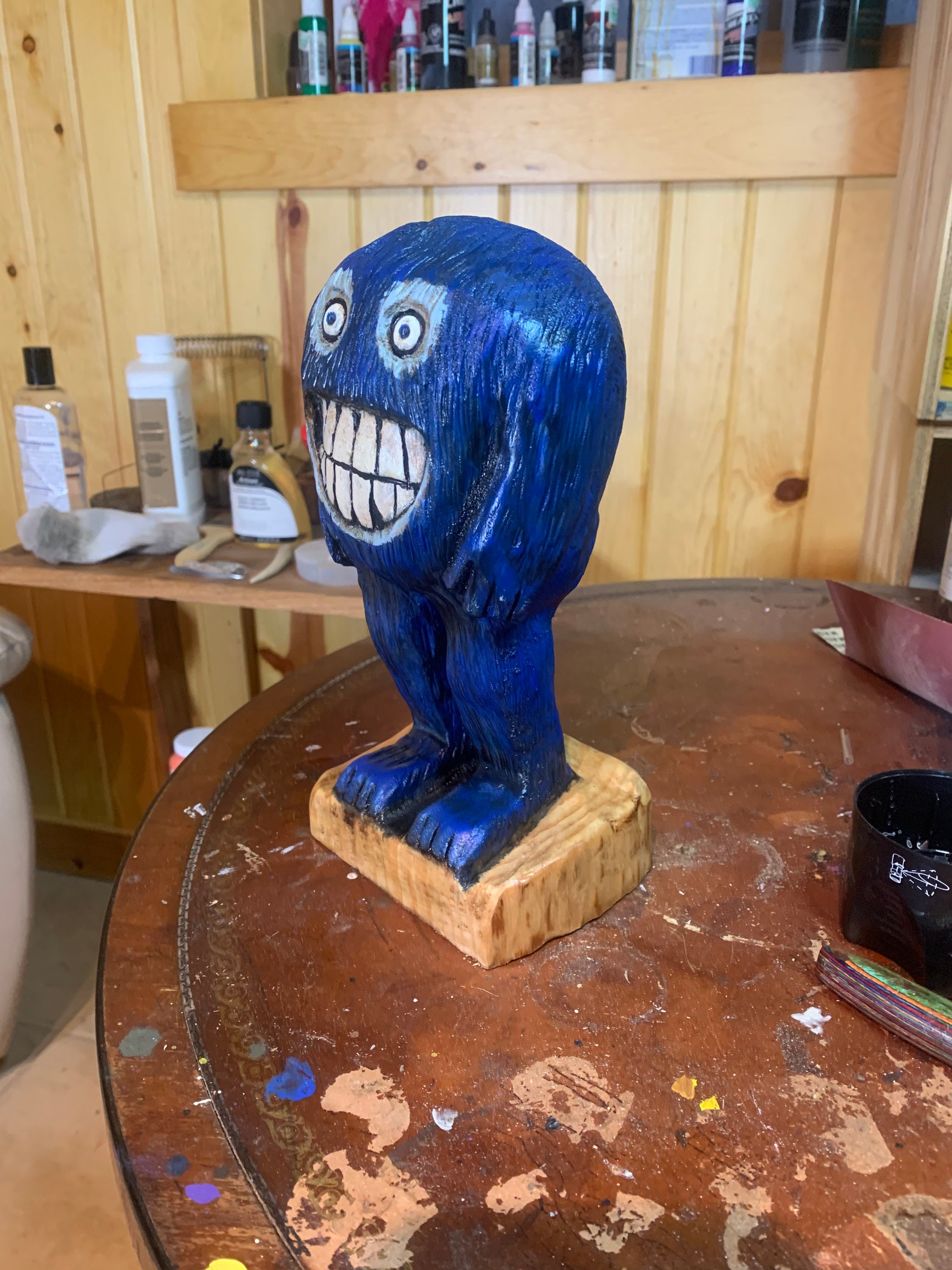 Monster Carving, Blue Monster Chainsaw Carving, Hand Carved Wood Art