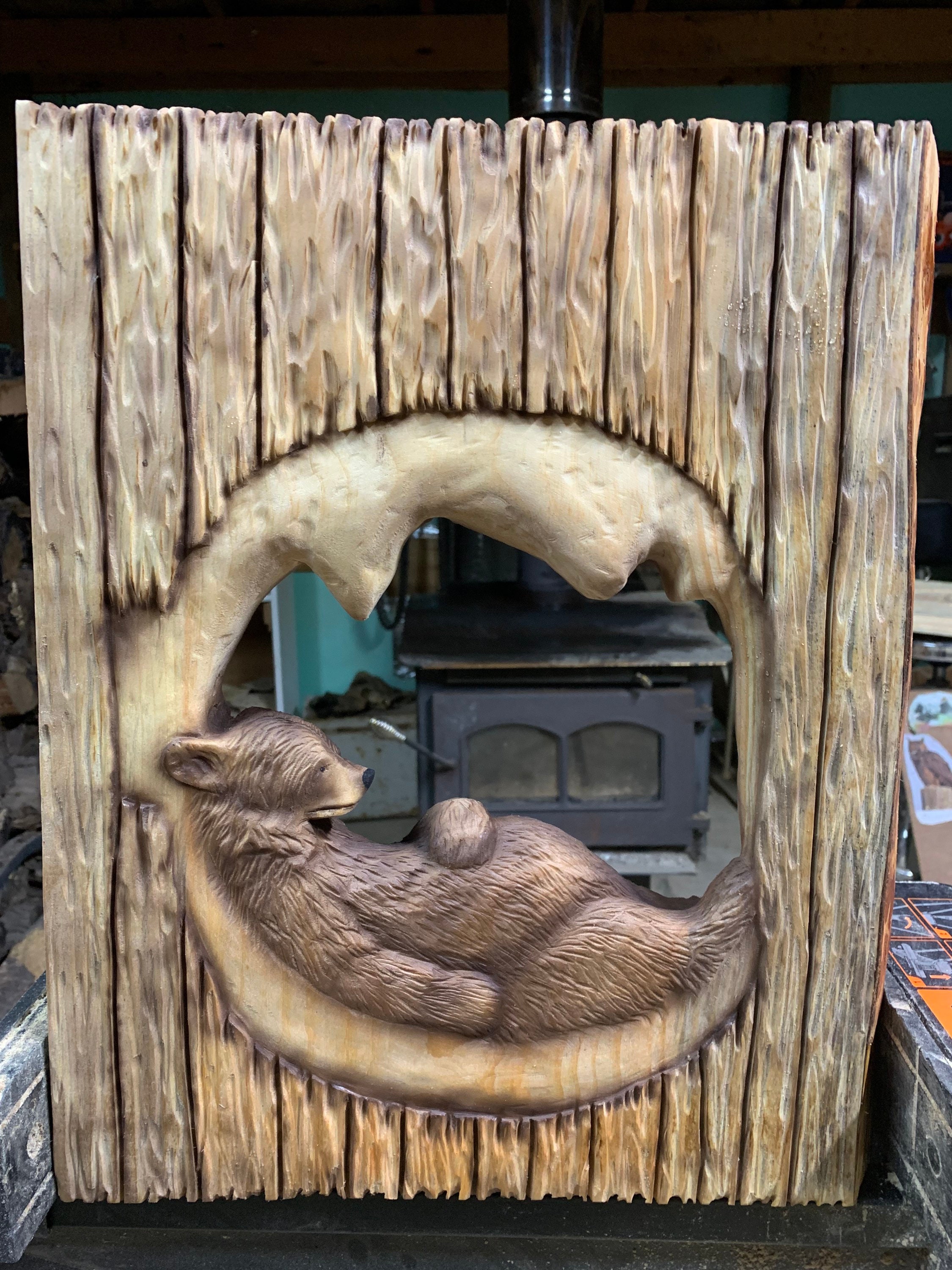 Bear Chainsaw Carving, Wood Wall Art, Hand Carved Wood Art, Woodland Nursery, Bear Wood Carving