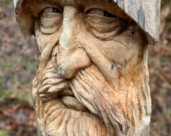 Driftwood Carving, Wood Spirit Carving, Wood Wall Art, by Josh Carte, Hand Carved Wood Art, Carving of a Face, Driftwood Art, Old Man Beard