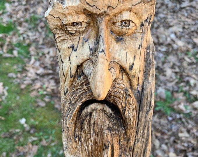 Driftwood carving wood wall art hand carved by Josh Carte driftwood carving made in Ohio carving of a face unique wood wall hanging Art