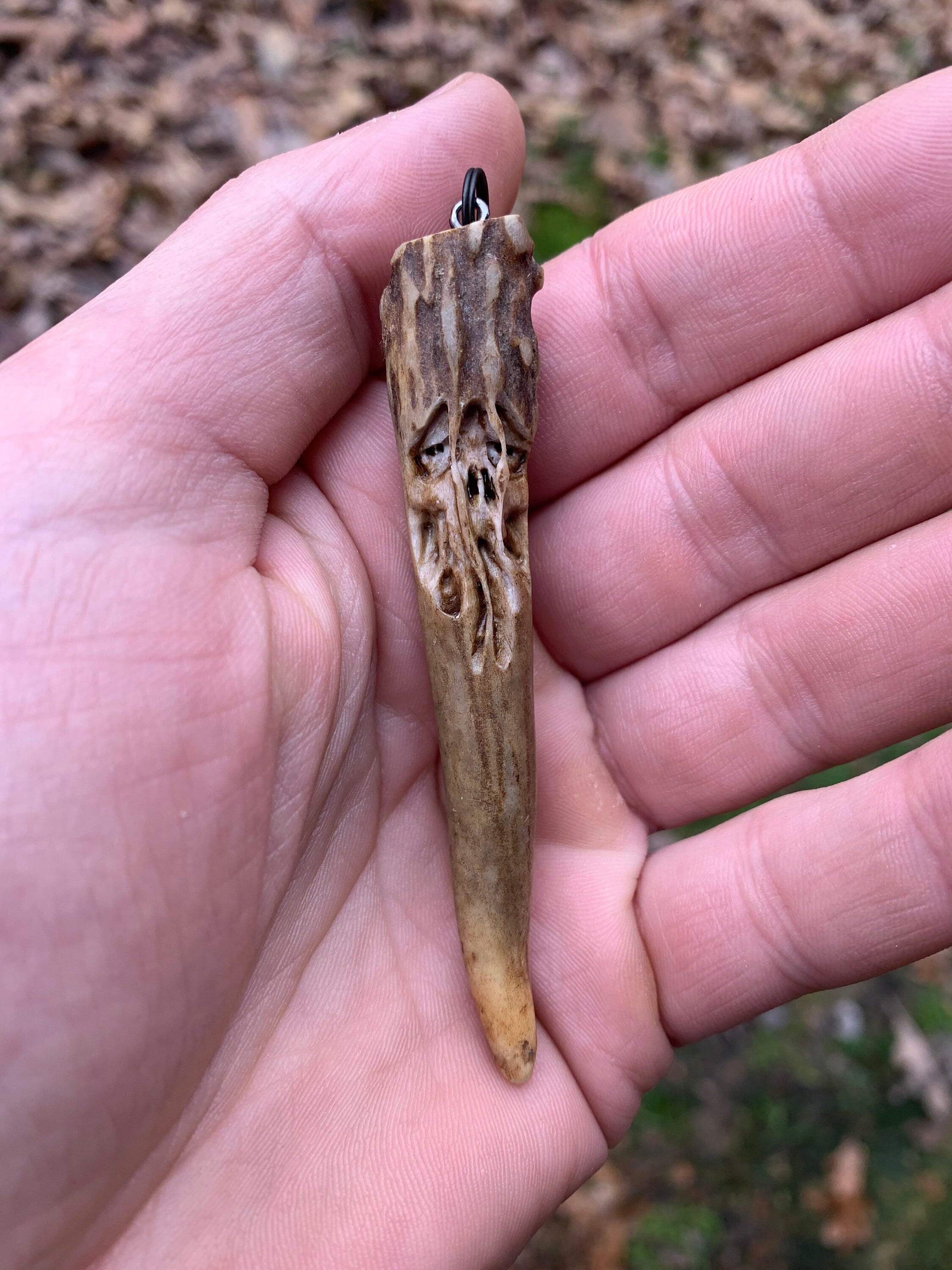 Skull carving whitetail deer antler necklace antler jewelry bone