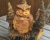 Owl, Trees, Welcome Sign Sculpture, Wood Carving, Hand Carved, Handmade Woodworking, Chainsaw Carving, Wood Gift, Log Home Decor, Home Decor