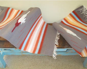 Vintage Pair of Southwestern Handwoven Mexican Rugs in Gray, Orange, Aqua, Rust, Cream