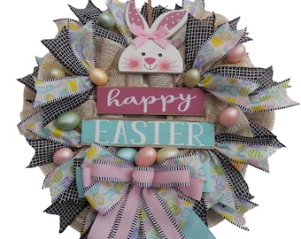 Easter Spring Wreath, Easter Bunny, Happy Easter Door Decor, Pastel and Black Colors, Easter Eggs,  Farmhouse Wreath, Storm Door Wreath