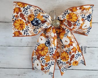 Fall Pumpkin Ribbon Bow, Orange & Blue Autumn Decor