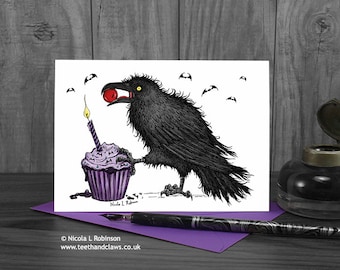 Gothic Birthday Card, Halloween Birthday Card, Raven Card, Gothic Birthday Cake, Teenager Card, Crows, Goth Card, Black, Purple